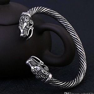 Sterling Silver Plated Serpent Viking Wolf Head Cuff Bracelet